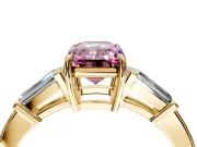 3 Stone Engagement Ring Setting for Fancy Pink Emerald Cut Center with Baguette Accents and Prong Head in Yellow Gold