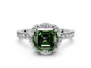 Floral Halo Engagement Ring Setting for Fancy Green Asscher Cut Center with Pave Band and Prong Head in White Gold