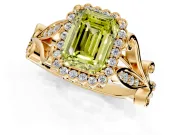 Halo Engagement Ring Setting for Fancy Yellow Emerald Cut Center with Leaf Motif Split Shank and Prong Head in Yellow Gold