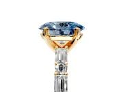 Baguette Engagement Ring Setting for Fancy Blue Oval Center with Alternating Bar-Set Band and Prong Head in Yellow Gold