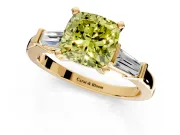 3 Stone Engagement Ring Setting for Fancy Yellow Cushion Cut Center with Channel Baguette Accents and Prong Head in Yellow Gold