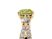3 Stone Engagement Ring Setting for Fancy Yellow Cushion Cut Center with Pave Split Shank and Prong Head in Yellow Gold