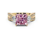 3 Stone Engagement Ring Setting for Fancy Pink Princess Cut Center with Pave Twist Band and Prong Head in Yellow Gold