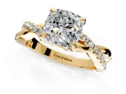 Solitaire Engagement Ring Setting for Cushion Cut Center with Half-Pave Crossover Band and Prong Head in Yellow Gold