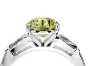 3 Stone Engagement Ring Setting for Fancy Yellow Round Cut Center with Tapered Baguettes, Plain Band and Prong Head in White Gold