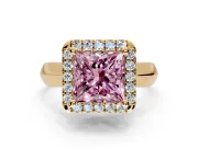 Halo Engagement Ring Setting for Fancy Pink Princess Cut Center with Square Band and Prong Head in Yellow Gold