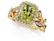 Halo Engagement Ring Setting for Fancy Yellow Radiant Cut Center with Leaf Motif Split Shank and Prong Head in Yellow Gold