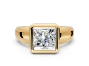 Solitaire Engagement Ring Setting for Princess Cut Center with Wide Band and Bezel Head in Yellow Gold