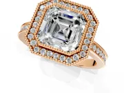 Halo Engagement Ring Setting for Asscher Cut Center with Milgrain Halo, Pave Band and Prong Head in Rose Gold