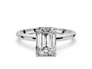 Hidden Halo Engagement Ring Setting for Emerald Cut Center with Thin Round-Wire Band and Prong Head in Sterling Silver