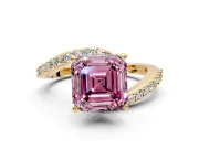 Solitaire Engagement Ring Setting for Fancy Pink Asscher Cut Center with Pave Bypass Swirl Band and Prong Head in Yellow Gold