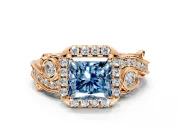 Bypass Halo Engagement Ring Setting for Fancy Blue Princess Cut Center with Bezel Accents, Milgrain and Prong Head in Rose Gold