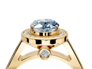 Halo Engagement Ring Setting for Fancy Blue Oval Center with Outer Bezel Rim, Pave Band and Prong Head in Yellow Gold