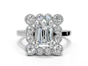 Cluster Halo Engagement Ring Setting for Emerald Cut Center with Milgrain Bezel Accents and Prong Head in Platinum