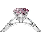 Baguette Engagement Ring Setting for Fancy Pink Heart-Shaped Center with Alternating Bar-Set Band and Prong Head in White Gold