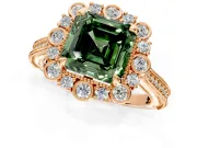 Milgrain Halo Engagement Ring Setting for Fancy Green Asscher Cut Center with Bezel Point Accents and Prong Head in Rose Gold