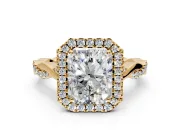 Halo Engagement Ring Setting for Radiant Cut Center with Twist Band and Prong Head in Yellow Gold