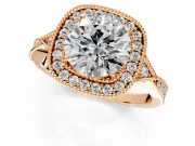 Halo Engagement Ring Setting for Round Cut Center with Milgrain Rim, Pave Band and Prong Head in Rose Gold