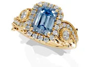 Milgrain Halo Engagement Ring Setting for Fancy Blue Emerald Cut Center with Shoulder Bezels and Prong Head in Yellow Gold