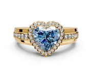 Halo Engagement Ring Setting for Fancy Blue Heart-Shaped Center with Wide Band, Inlaid Accent Row and Prong Head in Yellow Gold