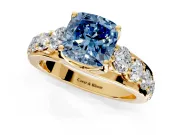 Solitaire Engagement Ring Setting for Fancy Blue Cushion Cut Center with Graduated Shared Prongs and Prong Head in Yellow Gold