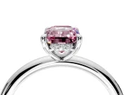 Hidden Halo Engagement Ring Setting for Fancy Pink Emerald Cut Center with Thin Rounded Band and Prong Head in White Gold