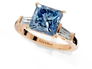 3 Stone Engagement Ring Setting for Fancy Blue Princess Cut Center with Channel Baguette Accents and Prong Head in Rose Gold