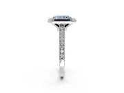 Halo Engagement Ring Setting for Fancy Blue Radiant Cut Center with Milgrain Pave Band and Bezel Head in White Gold