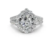 Halo Engagement Ring Setting for Pear-Shaped Center with Two-Strand Split Shank and Prong Head in Platinum