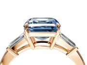 3 Stone Engagement Ring Setting for Fancy Blue Asscher Cut Center with Baguette Accents and Prong Head in Rose Gold