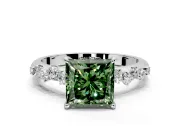 Cluster Engagement Ring Setting for Fancy Green Princess Cut Center with Round Cut Accent Band and Prong Head in Platinum