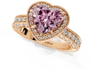 Milgrain Halo Engagement Ring Setting for Fancy Pink Heart-Shaped Center with Wide Pave Band and Prong Head in Rose Gold