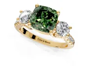 3 Stone Engagement Ring Setting for Fancy Green Cushion Cut Center with Crossover Basket, Pave Band and Prong Head in Yellow Gold