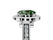 Halo Engagement Ring Setting for Fancy Green Oval Center with Outer Bezel Rim, Pave Band and Prong Head in Sterling Silver