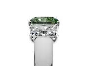 3 Stone Engagement Ring Setting for Fancy Green Radiant Cut Center with Raised Basket Heads and Prong Head in White Gold