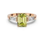 3 Stone Engagement Ring Setting for Fancy Yellow Emerald Cut Center with Tapered Baguettes, Plain Band and Prong Head in Rose Gold