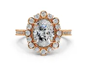 Milgrain Halo Engagement Ring Setting for Oval Center with Bezel Point Accents and Prong Head in Rose Gold