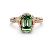 Halo Engagement Ring Setting for Fancy Green Emerald Cut Center with Openwork Halo, Pave Band and Prong Head in Rose Gold
