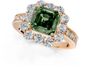 Halo Engagement Ring Setting for Fancy Green Asscher Cut Center with Milgrain Channel Band and Prong Head in Rose Gold