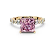 Solitaire Engagement Ring Setting for Fancy Pink Princess Cut Center with Alternating Size Accents and Prong Head in Yellow Gold