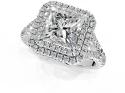 Double Halo Engagement Ring Setting for Princess Cut Center with Narrow Pave Split Shank and Prong Head in Platinum