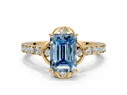 Floral Engagement Ring Setting for Fancy Blue Emerald Cut Center with Pave Band and Floral Prong Head in Yellow Gold