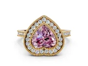 Halo Engagement Ring Setting for Fancy Pink Heart-Shaped Center with Milgrain Frame, Pave Band and Prong Head in Yellow Gold