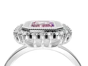Halo Engagement Ring Setting for Fancy Pink Emerald Cut Center with Milgrain Bezel Rim, Plain Band and Prong Head in Sterling Silver
