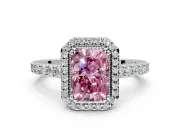 Halo Engagement Ring Setting for Fancy Pink Radiant Cut Center with Inner Milgrain Border and Prong Head in Sterling Silver