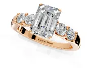 5 Stone Engagement Ring Setting for Emerald Cut Center with Plain Band and Prong Head in Rose Gold