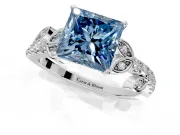 Leaf Motif Engagement Ring Setting for Fancy Blue Princess Cut Center with Pave Band and Prong Head in Platinum