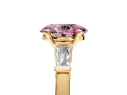 3 Stone Engagement Ring Setting for Fancy Pink Oval Center with Channel Baguette Accents and Prong Head in Yellow Gold