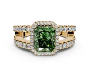 Halo Engagement Ring Setting for Fancy Green Radiant Cut Center with Wide-Open Pave Split Shank and Prong Head in Yellow Gold