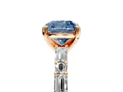 Baguette Engagement Ring Setting for Fancy Blue Cushion Cut Center with Alternating Bar-Set Band and Prong Head in Rose Gold